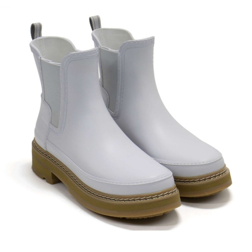 Hunter White Chelsea Ankle Rain Boots with Tan Sole